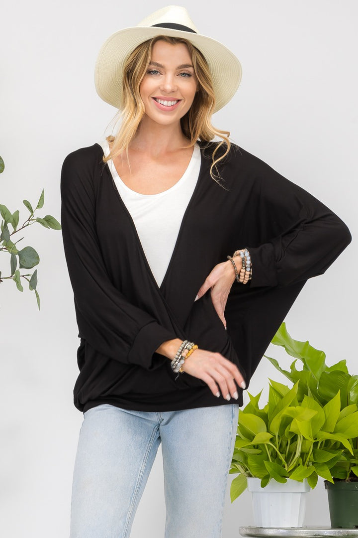 Open V-Neck Wrap Top with Two-Layer Detail