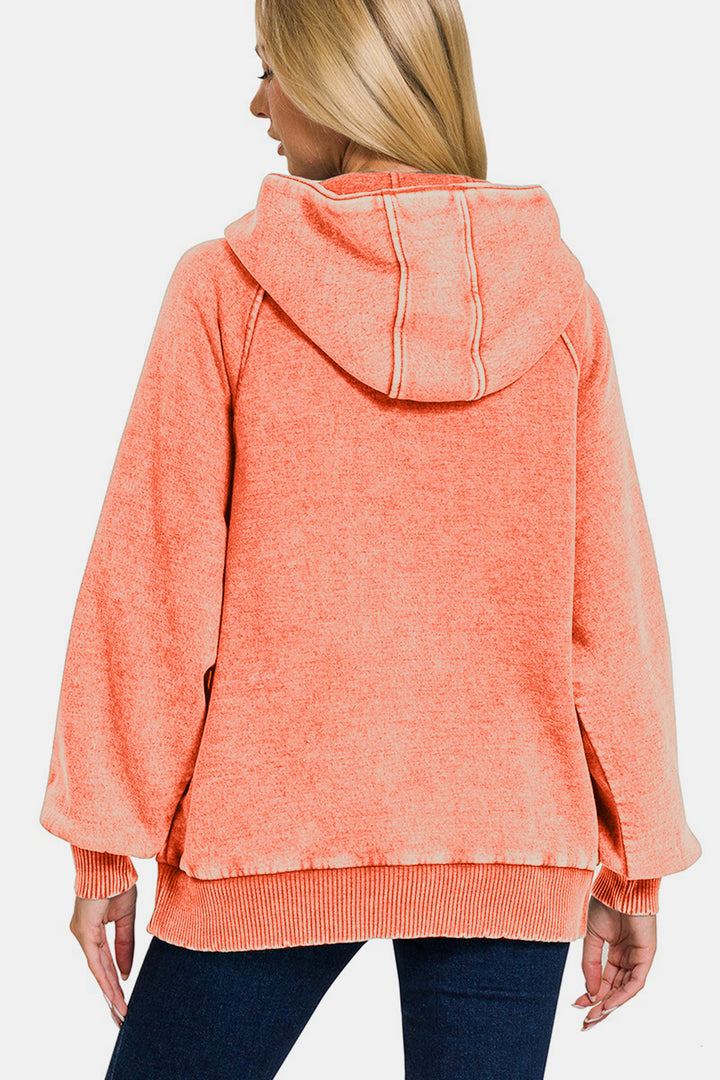 Acid-Wash Fleece Kangaroo Hoodie - Coral