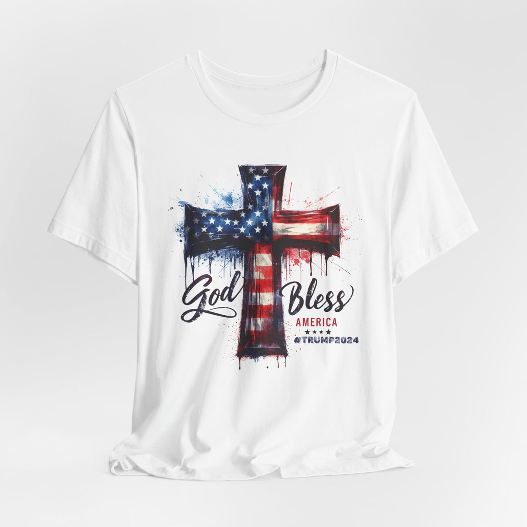 God Bless America Trump 2024 Commemorative - USA Flag Cross Watercolor - Unisex Crew-Neck Tee