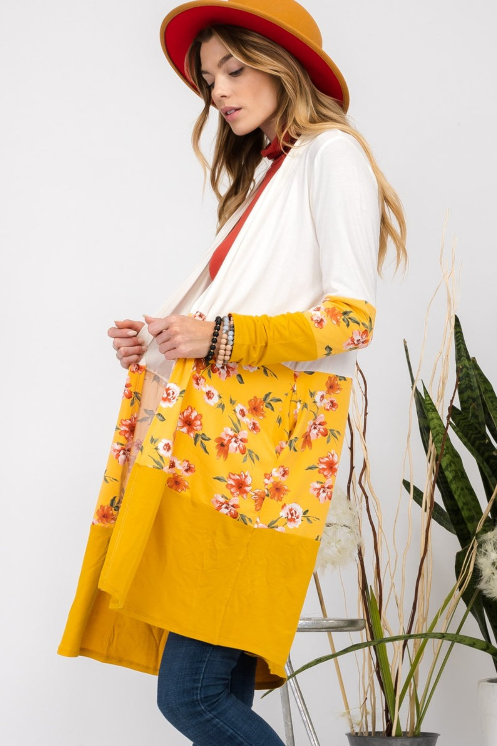 Flowy Floral Color Block Cardigan - Ivory/Mustard