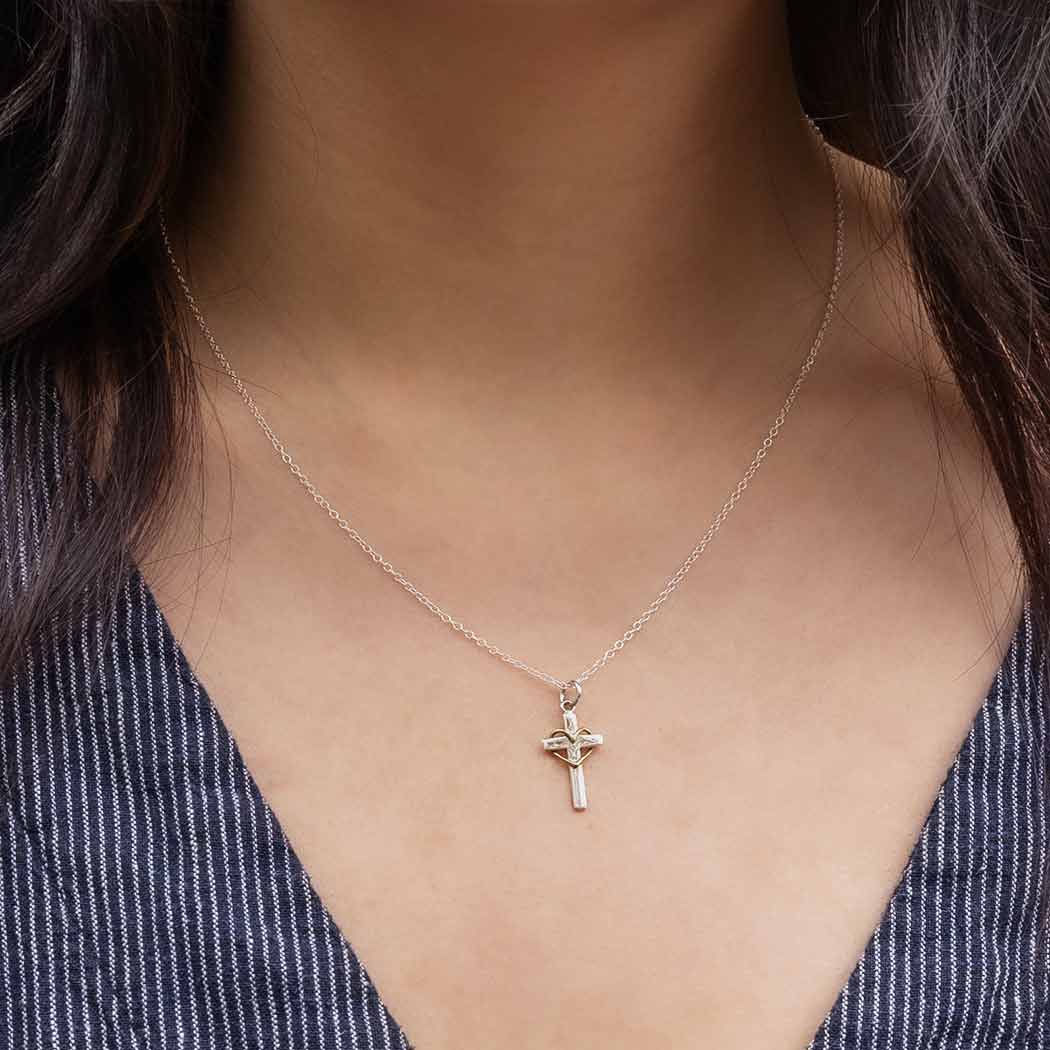 Dainty Cross With Bronze/Gold Heart - Heartfelt Sterling Silver Necklace