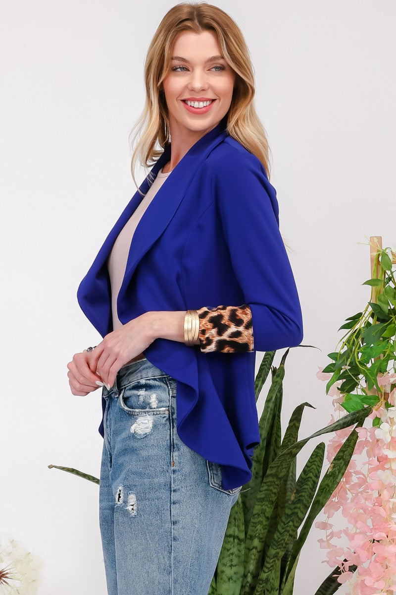 Richly Blessed - Leopard Cuff Cardigan Blazer - Royal Blue