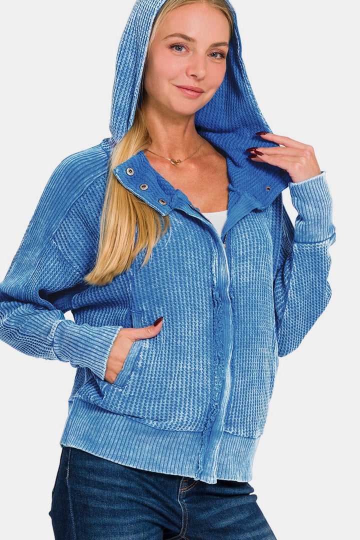 Ocean Blue Zip-Up Hooded Cotton Jacket