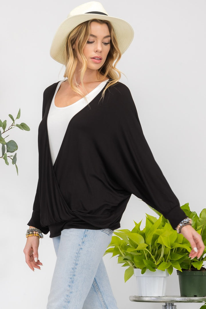 Open V-Neck Wrap Top with Two-Layer Detail