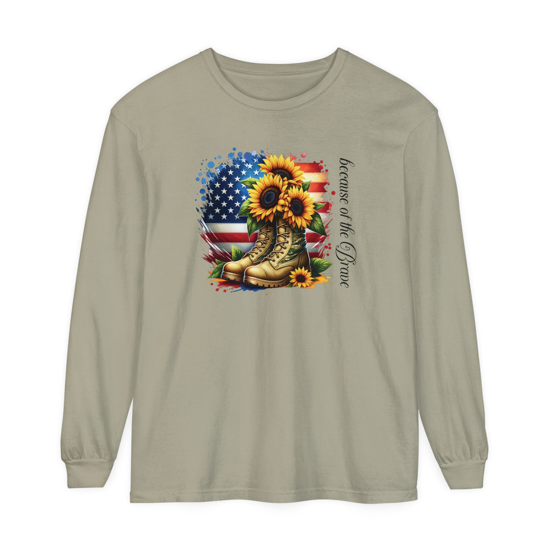 Because of the Brave - Patriotic USA Flag Sunflower - Premium Heavyweight Unisex Long-Sleeve Tee