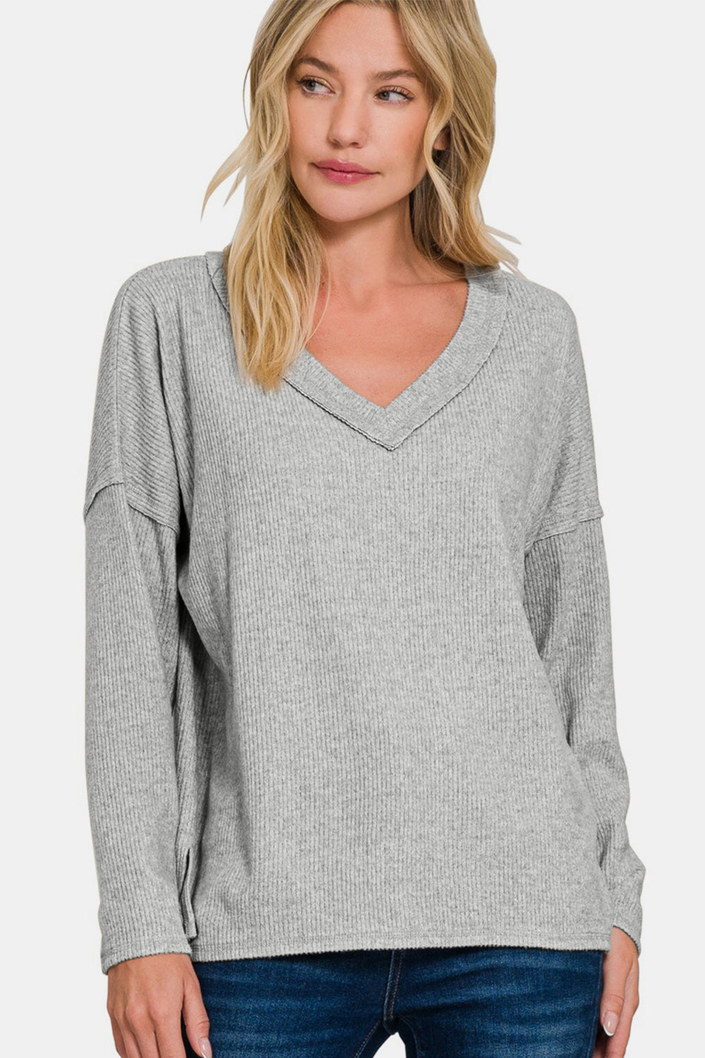 Perfect Basics - Ribbed Drop-Shoulder Top - Sleet