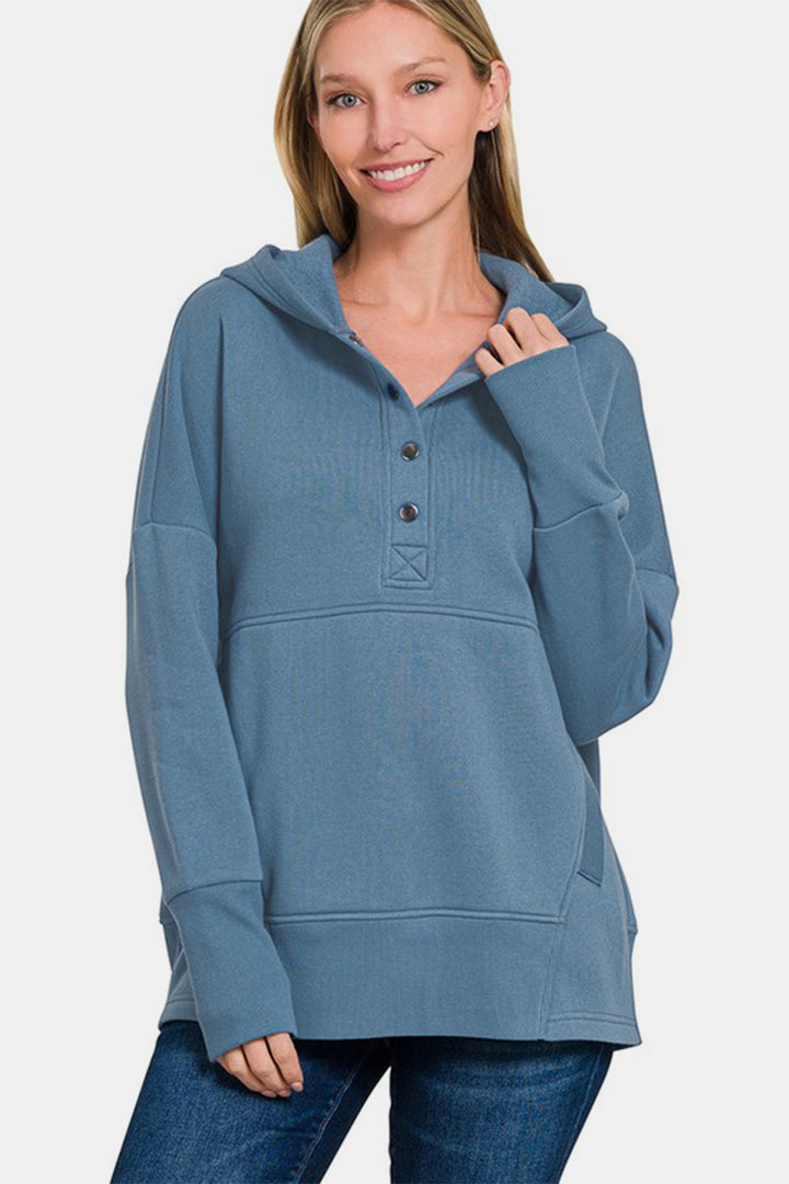 Sporty Chic Half-Snap Hoodie - Dusty Blue