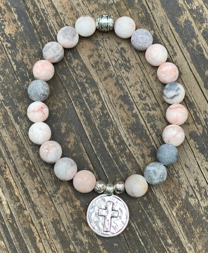 Natural Stone Cross Charm Stretchy Bracelet