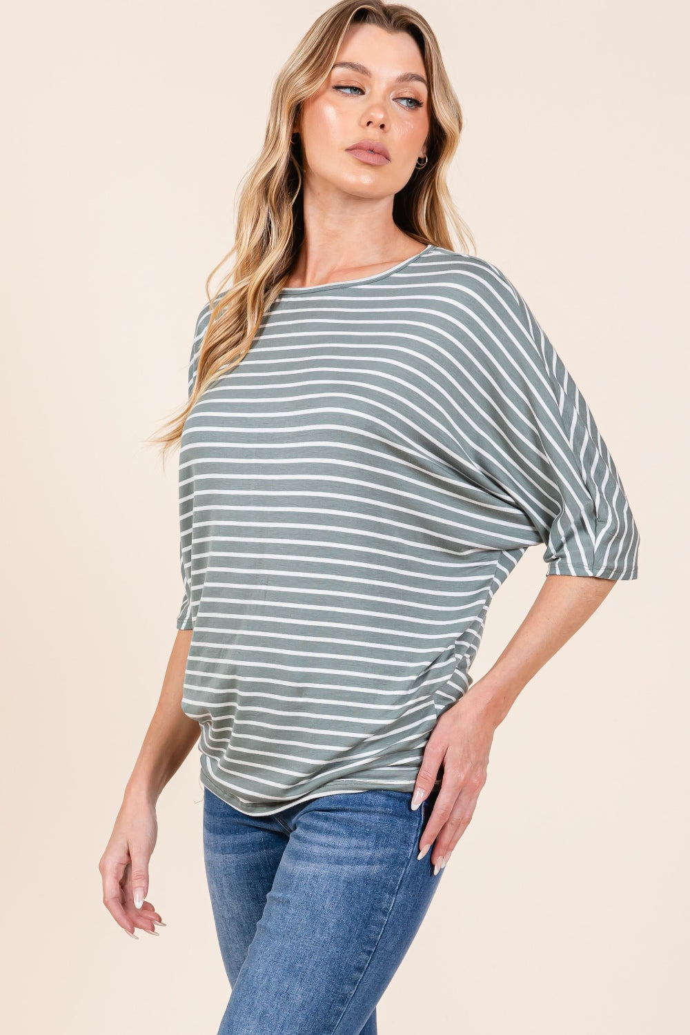 Closet Staple - Striped Boat-Neck Dolman Top - Dusty Olive