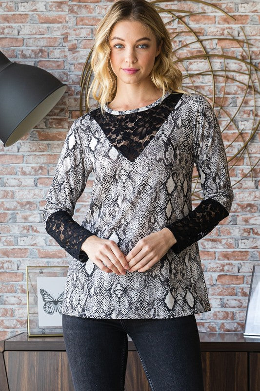 Snakeskin Print Lace Contrast Top