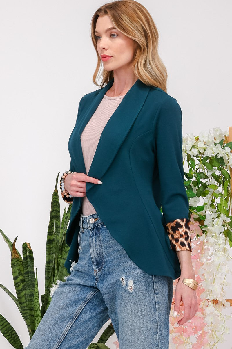 Richly Blessed - Leopard Cuff Cardigan Blazer - Teal/Hunter Green