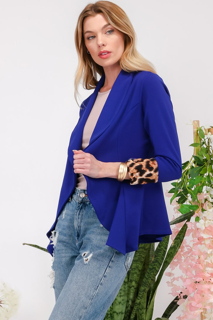 Richly Blessed - Leopard Cuff Cardigan Blazer - Royal Blue