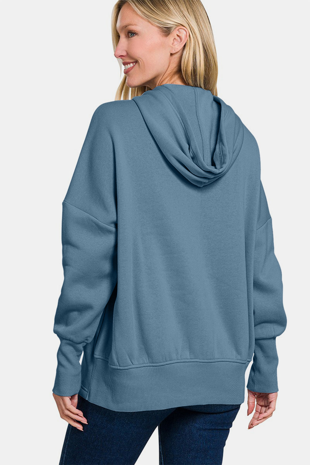 Sporty Chic Half-Snap Hoodie - Dusty Blue