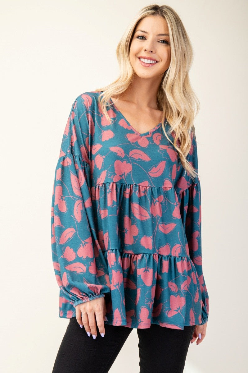 Forever Romantic - Tiered Floral Top - Teal