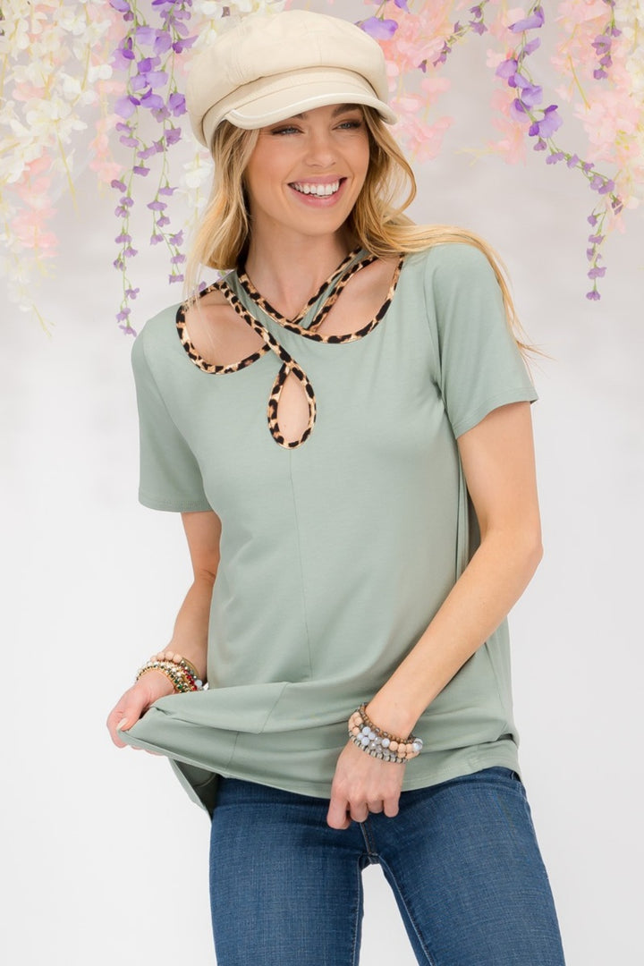 [FINAL SALE]  Bold Confidence - Crisscross Top w/ Leopard Trim - Sage