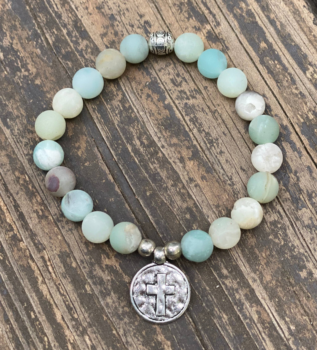 Natural Stone Cross Charm Stretchy Bracelet