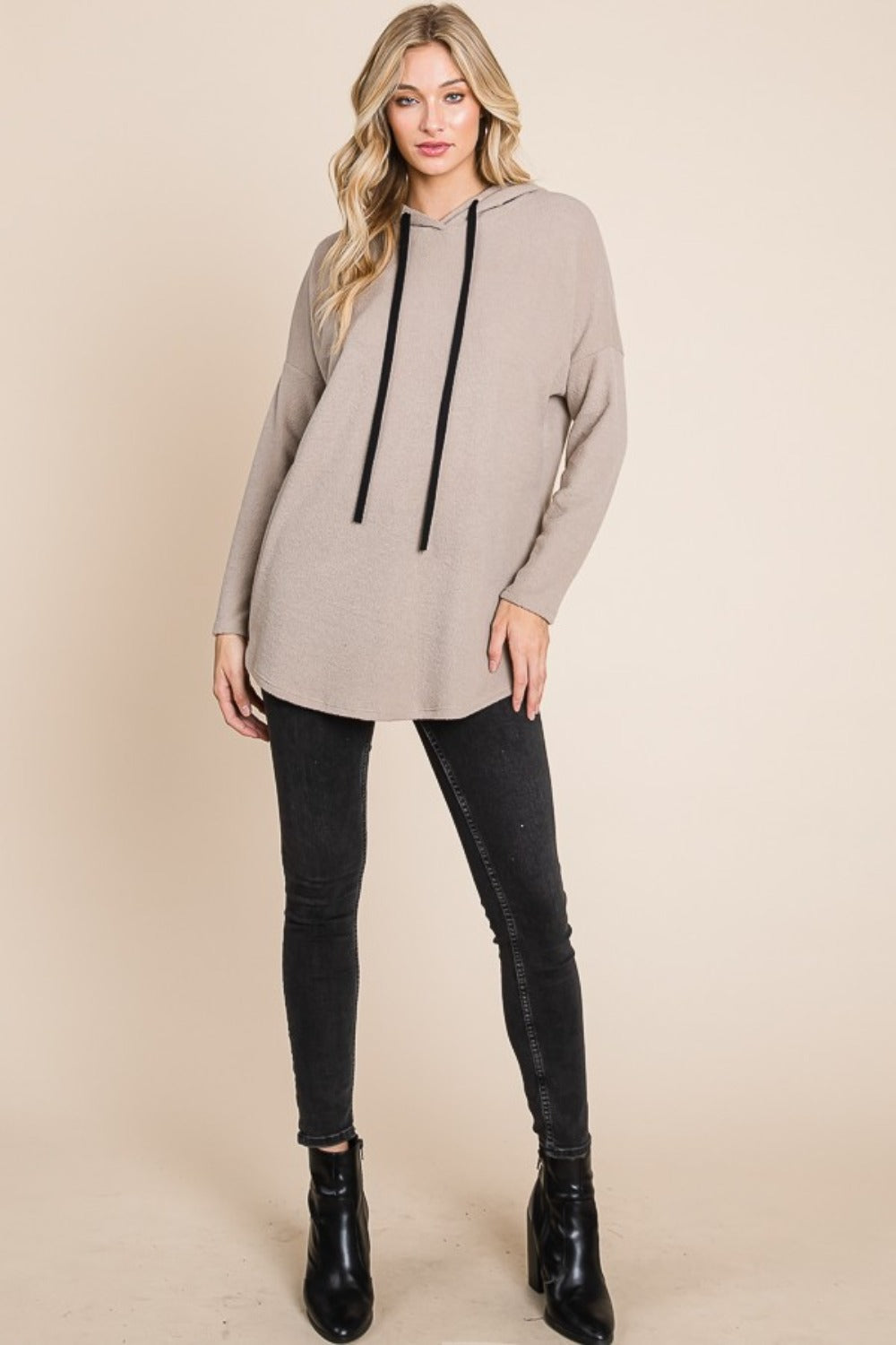 Drop-Shoulder Knit Hoodie - Taupe