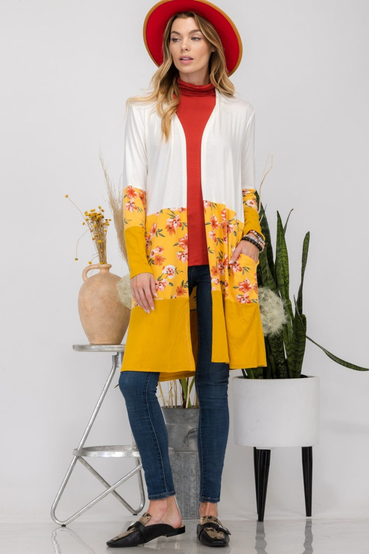 Flowy Floral Color Block Cardigan - Ivory/Mustard