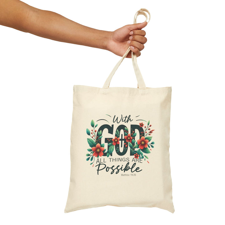 With God All Things Are Possible -  Floral Print - Cotton Canvas Tote Bag