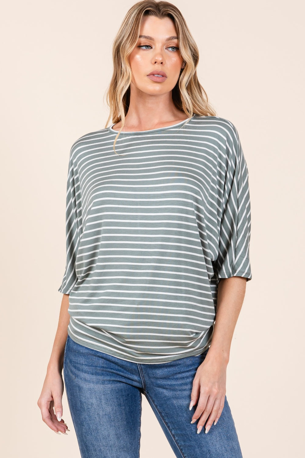 Closet Staple - Striped Boat-Neck Dolman Top - Dusty Olive