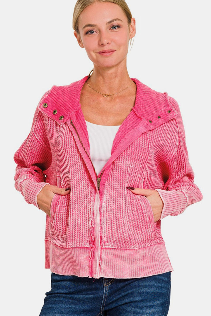 Fuchsia Zip-Up Hooded Cotton Jacket