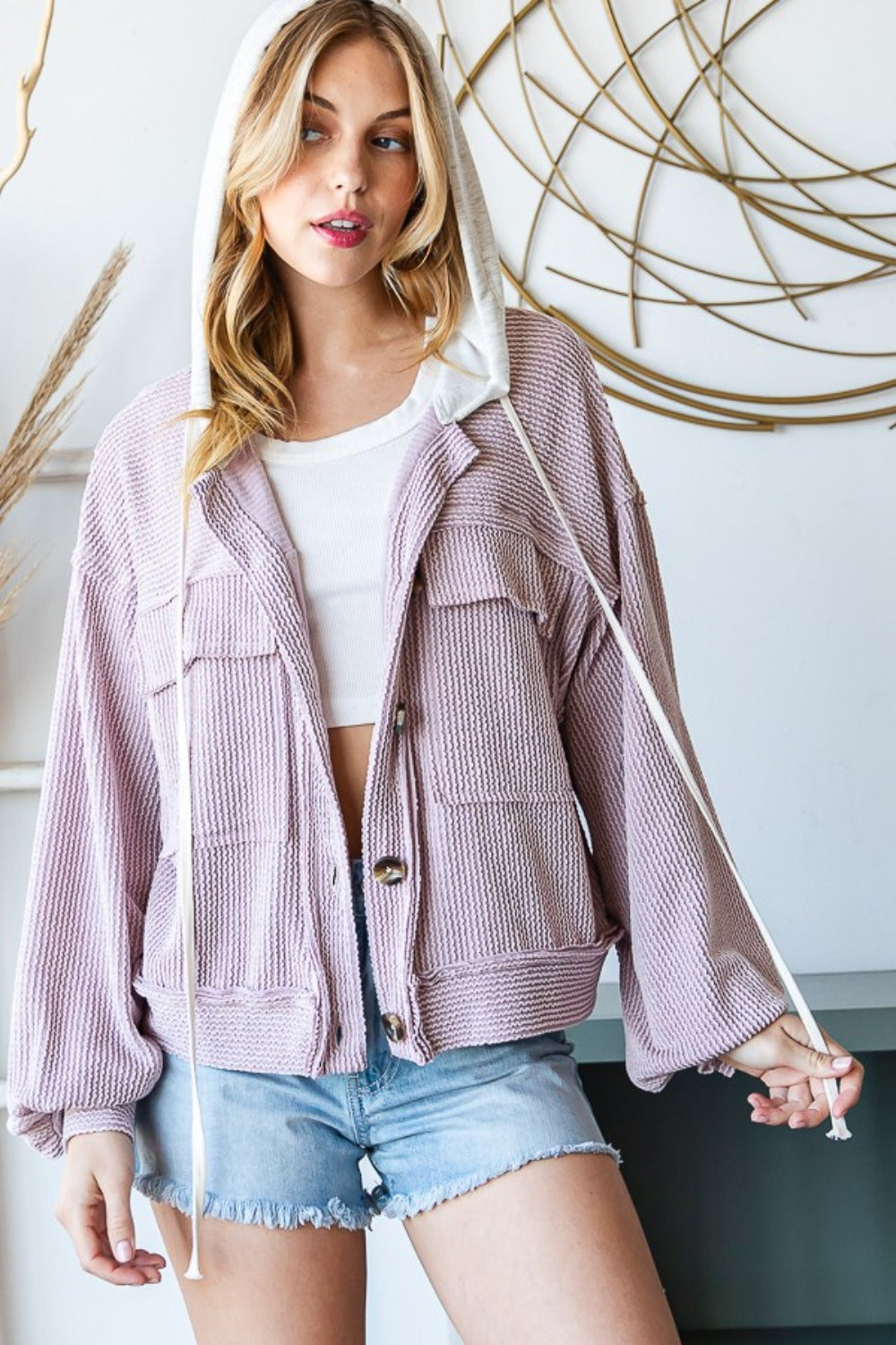 Violet Frost Button-Down Ribbed Hoodie Jacket