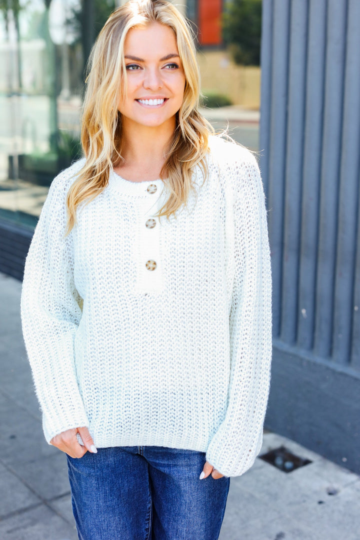 Upscale Basics - Loose Knit Henley Sweater - White