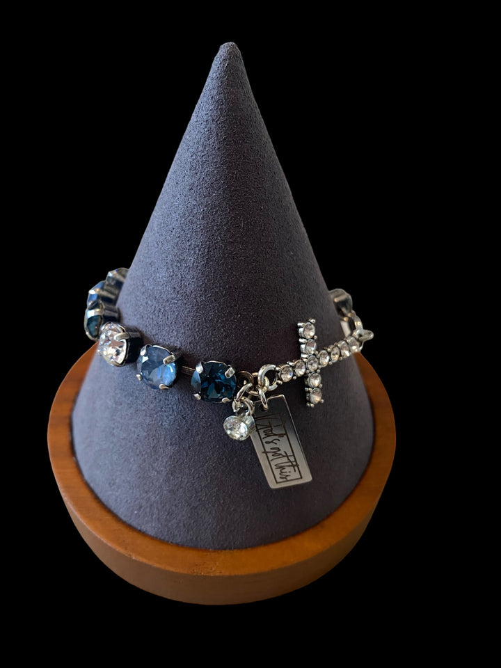 God's Got This Charm - Handcrafted Austrian Crystal Cross Rhinestone Bracelet - Blue/Clear