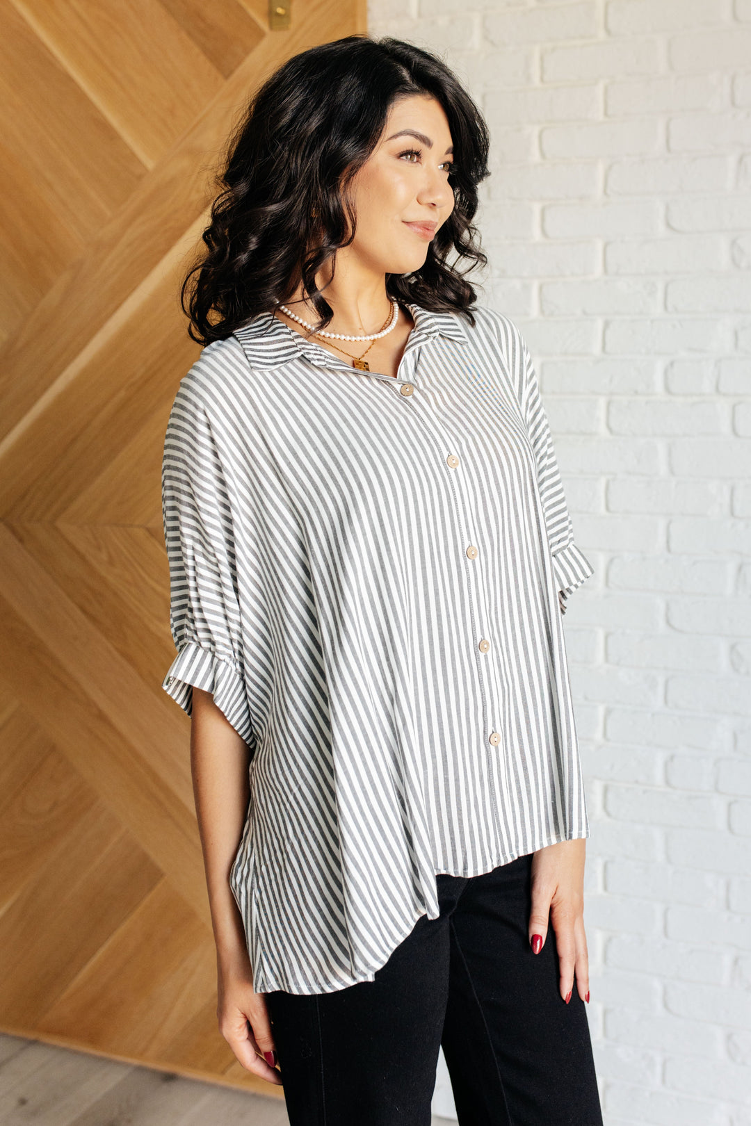 Striped Button-Up Oversized Top - Black