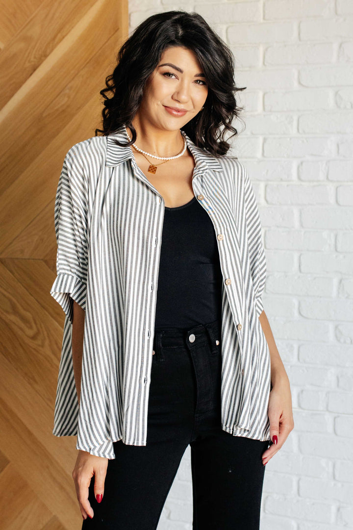 Striped Button-Up Oversized Top - Black