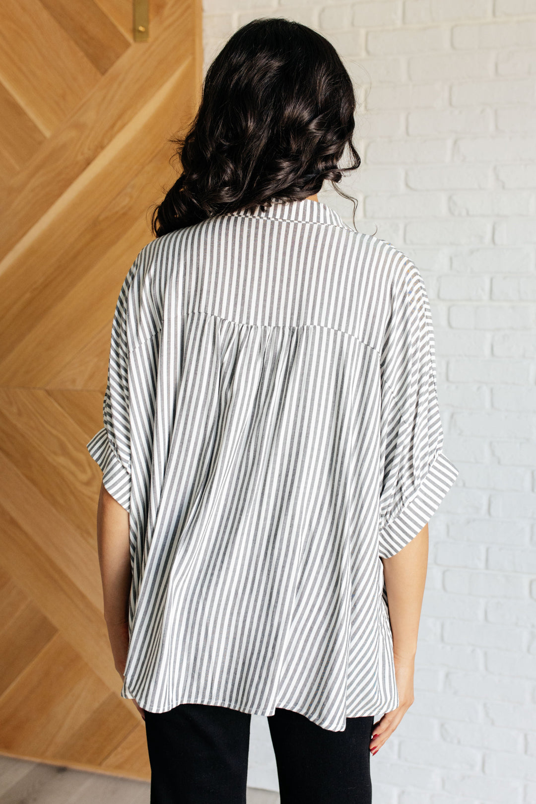 Striped Button-Up Oversized Top - Black