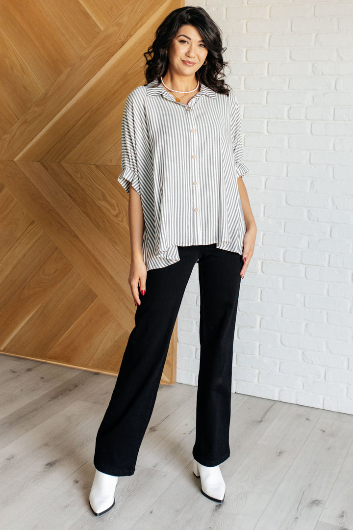 Striped Button-Up Oversized Top - Black