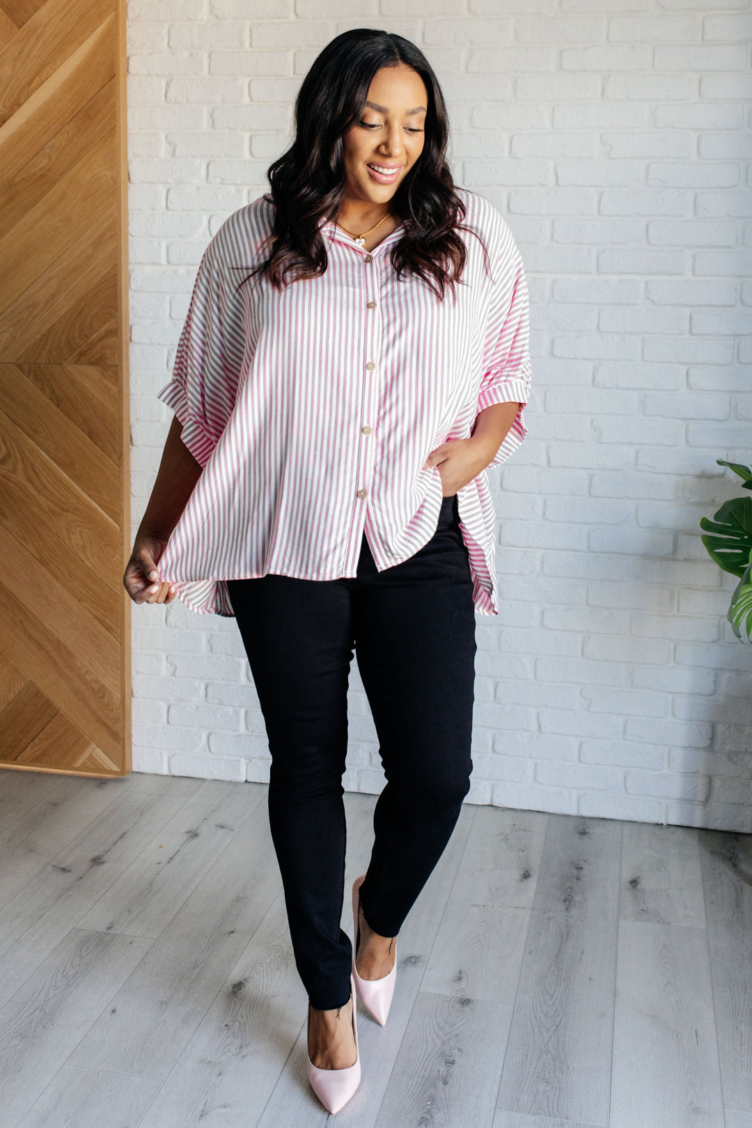 Striped Button-Up Oversized Top - Hot Pink