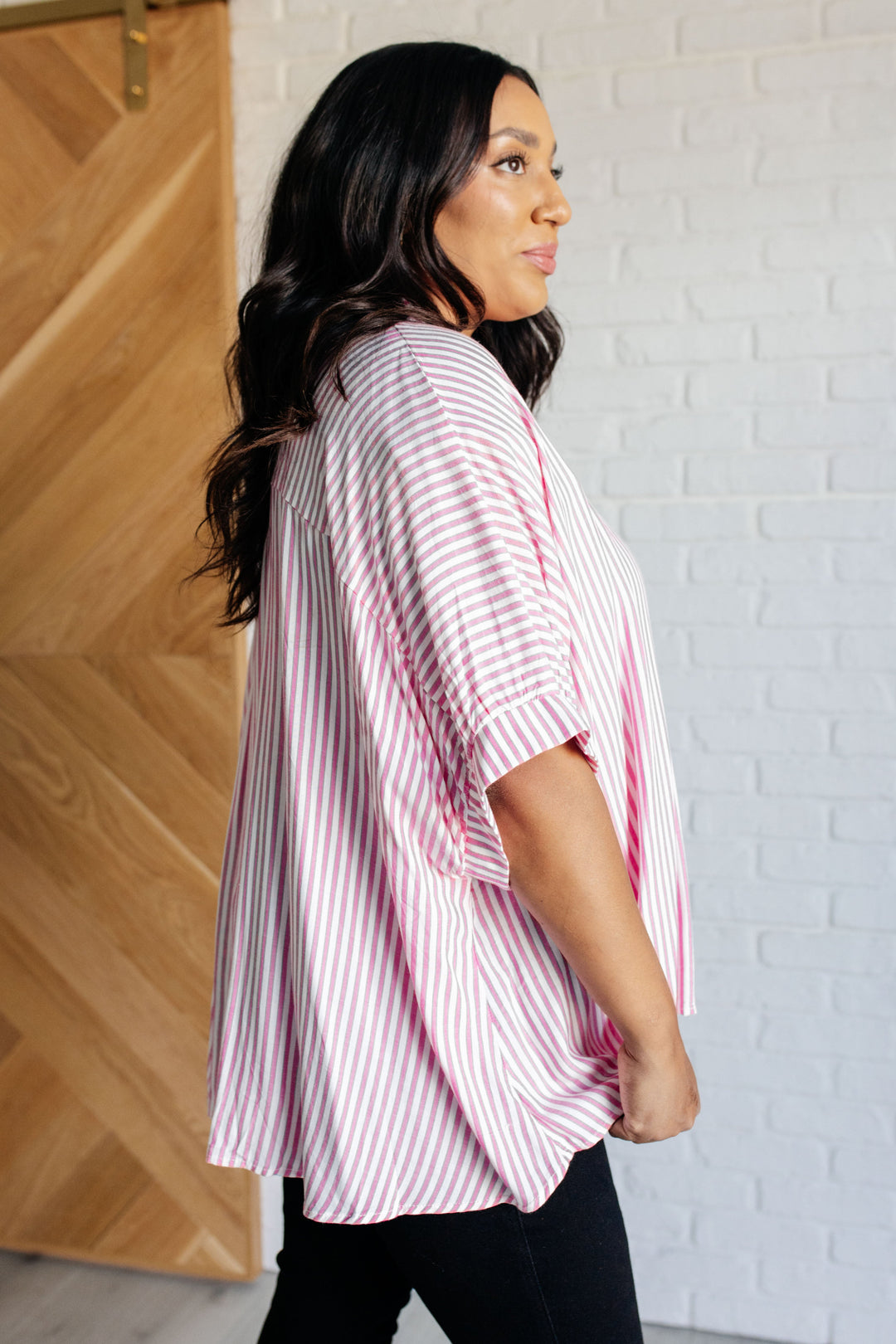 Striped Button-Up Oversized Top - Hot Pink