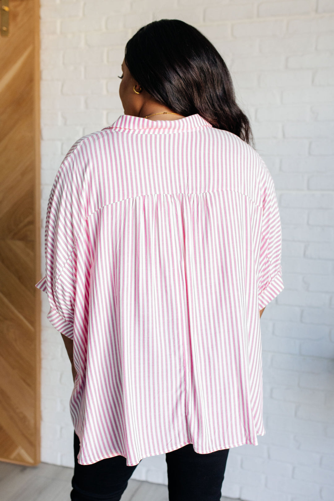 Striped Button-Up Oversized Top - Hot Pink