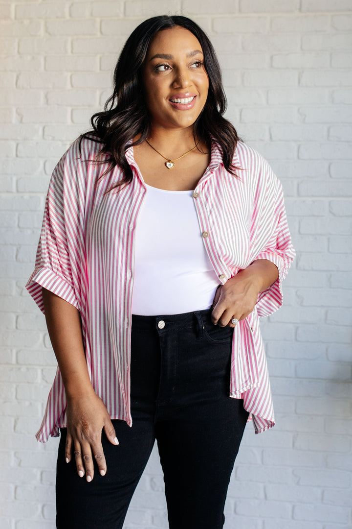 Striped Button-Up Oversized Top - Hot Pink