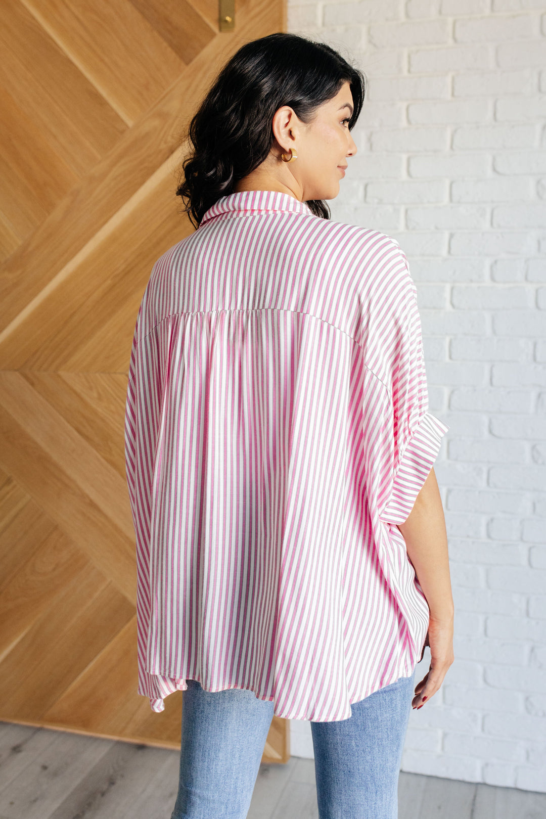 Striped Button-Up Oversized Top - Hot Pink