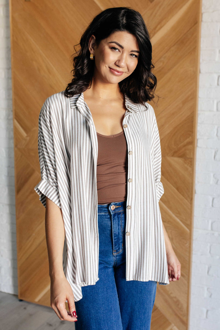 Striped Button-Up Oversized Top - Mocha