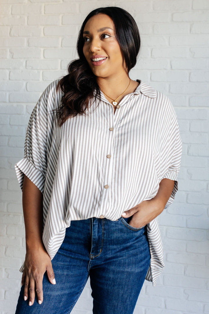 Striped Button-Up Oversized Top - Mocha