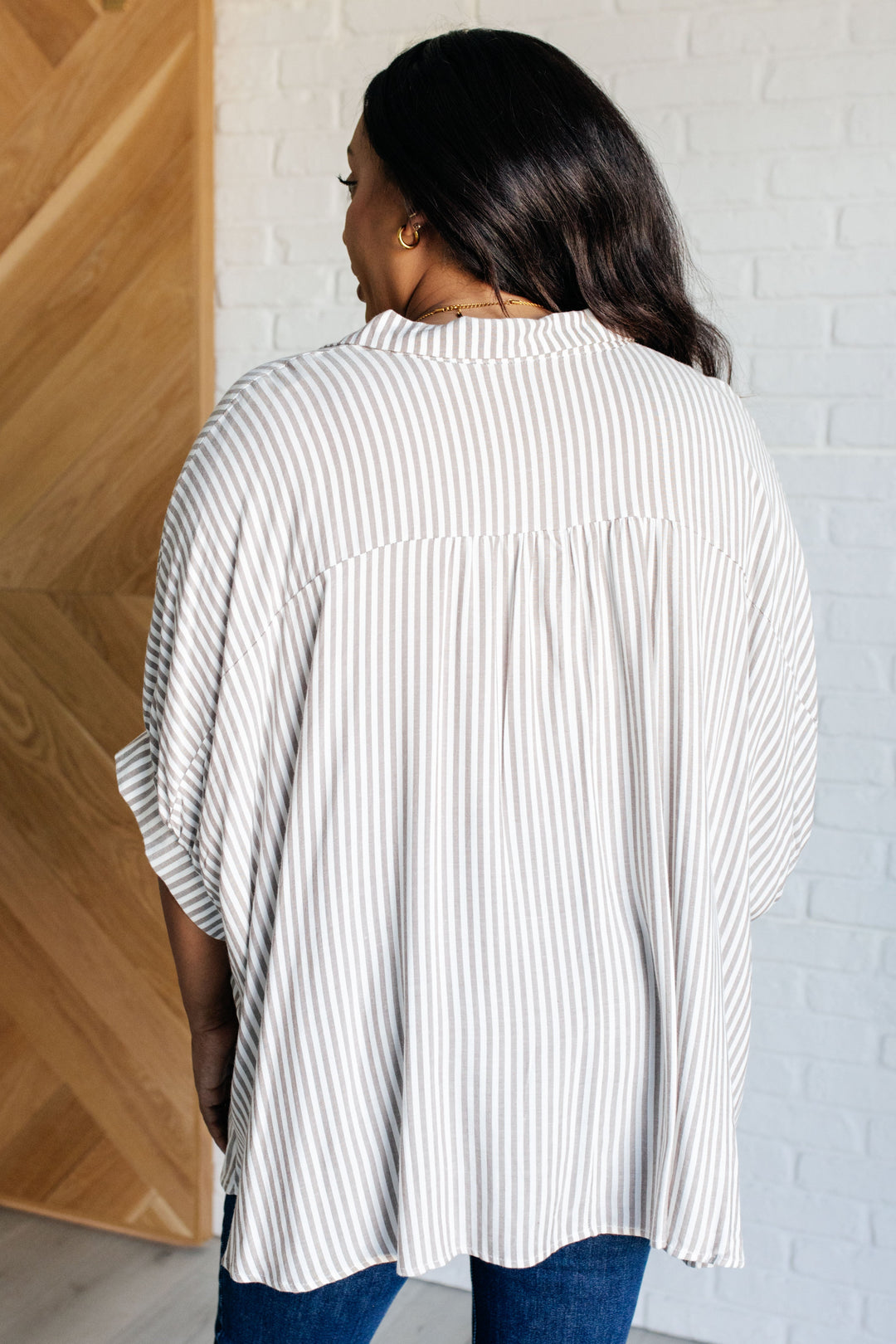 Striped Button-Up Oversized Top - Mocha