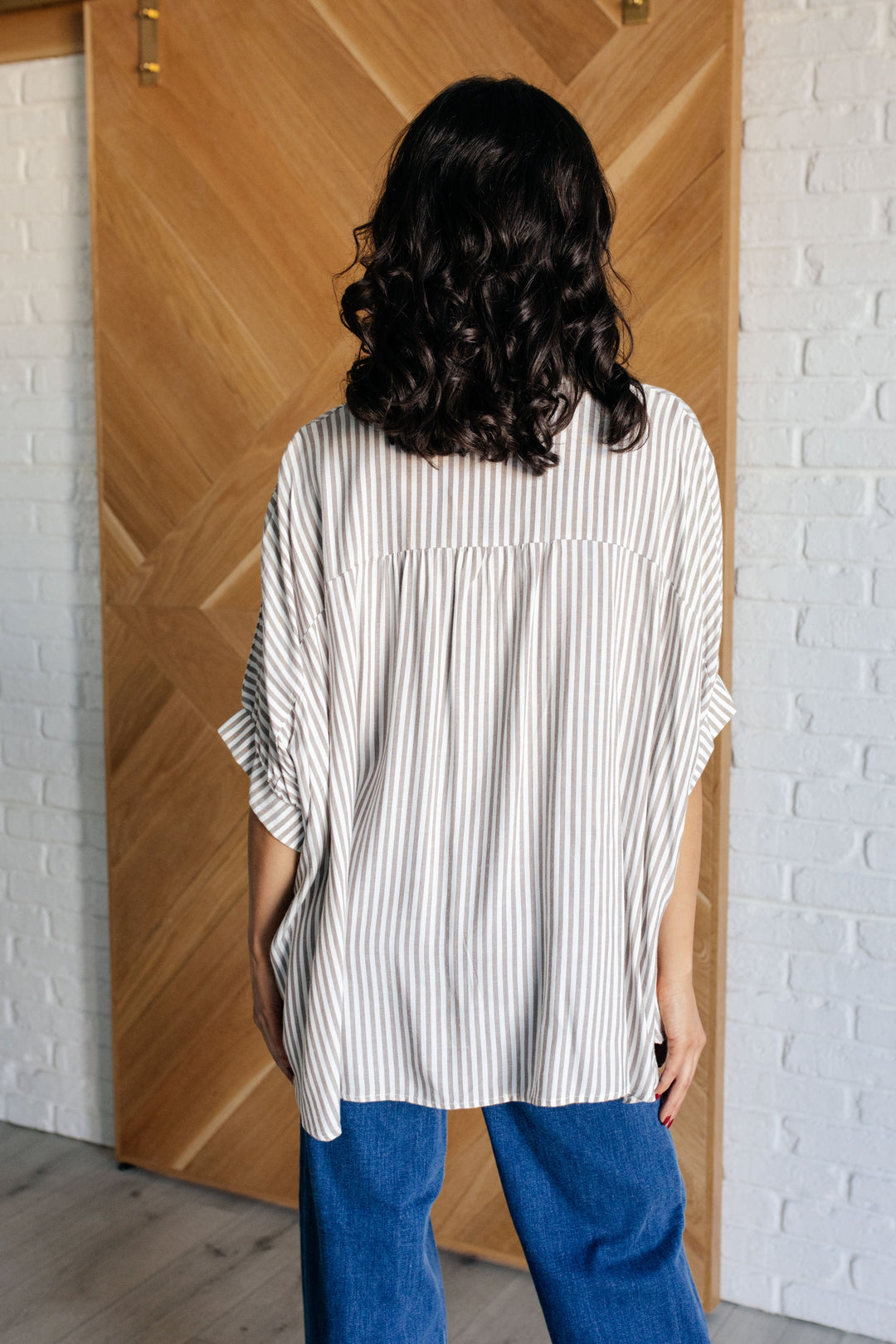 Striped Button-Up Oversized Top - Mocha