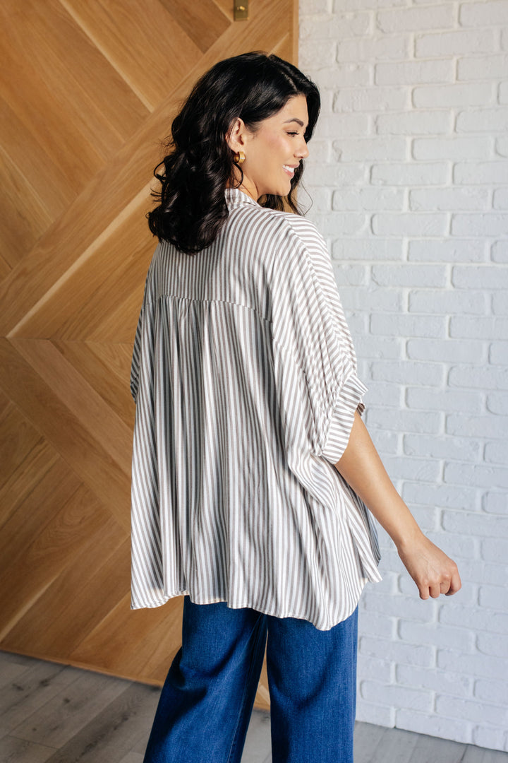 Striped Button-Up Oversized Top - Mocha