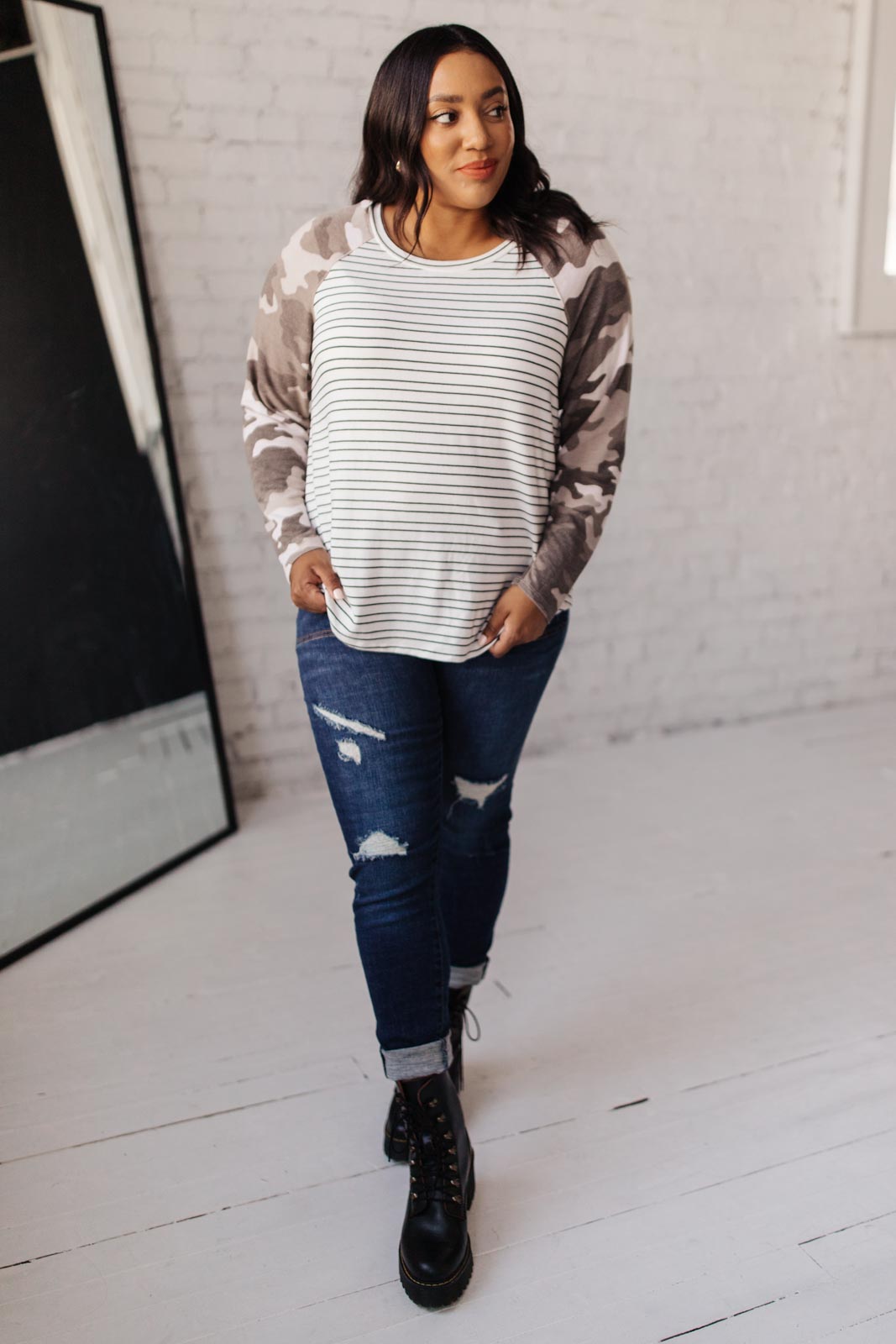 Modern Mixup Camo Striped Raglan Top