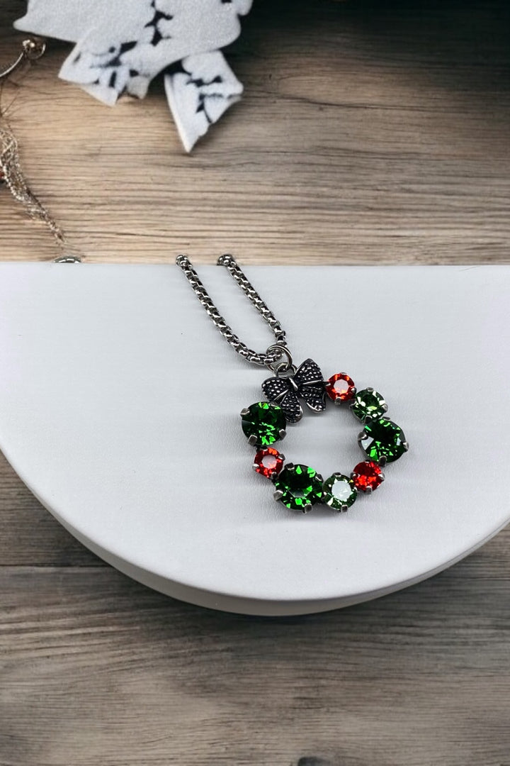 [PRE-ORDER] Crystal Christmas Wreath With Bow Necklace [SHIPS IN 1-2 WEEKS]