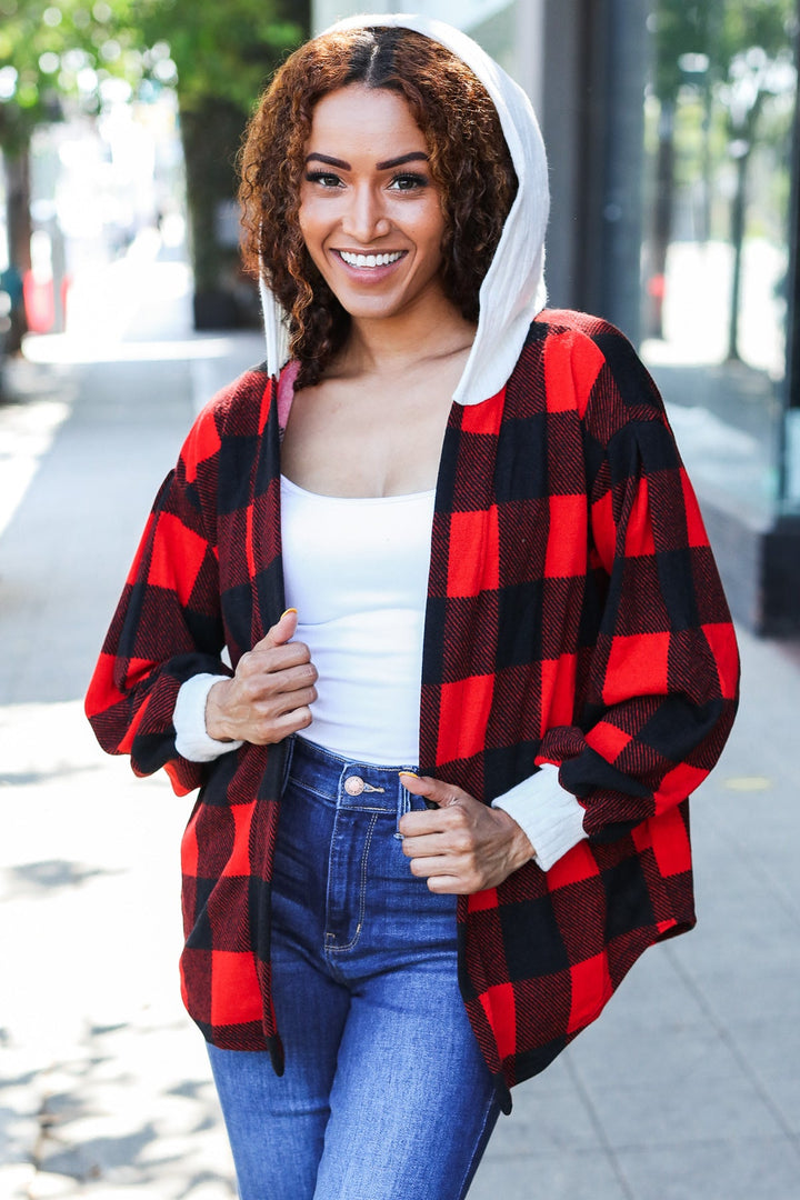 All Put Together - Buffalo Plaid Hooded Sweater Cardigan