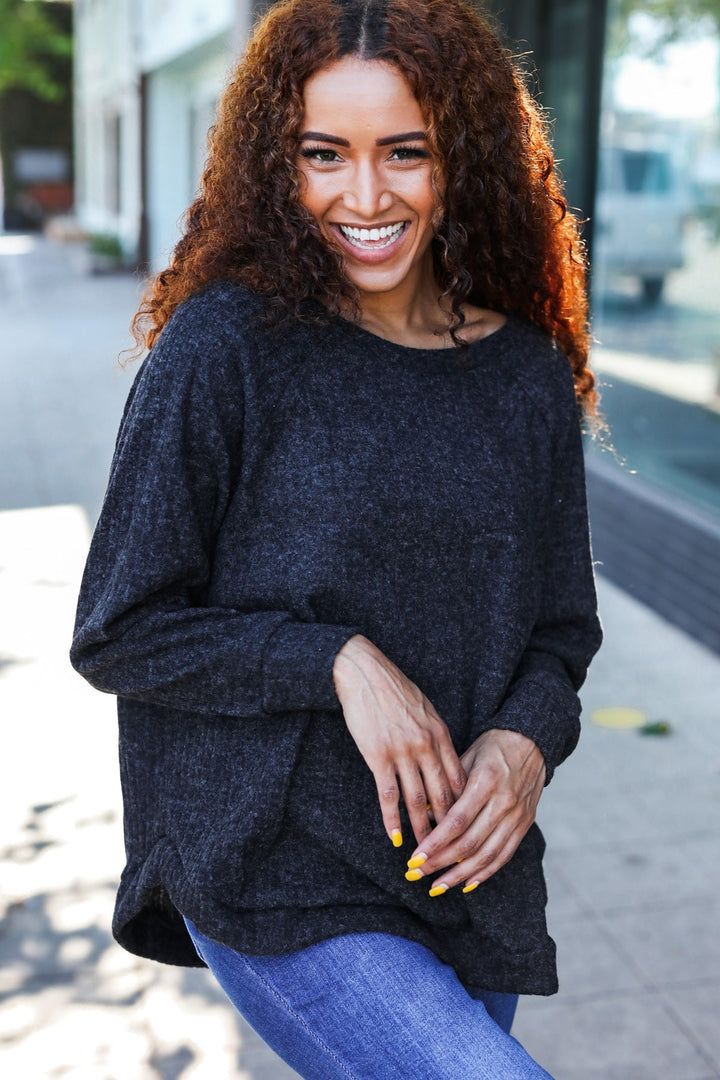 Spread Joy - Cozy Charcoal Brushed Sweater Top