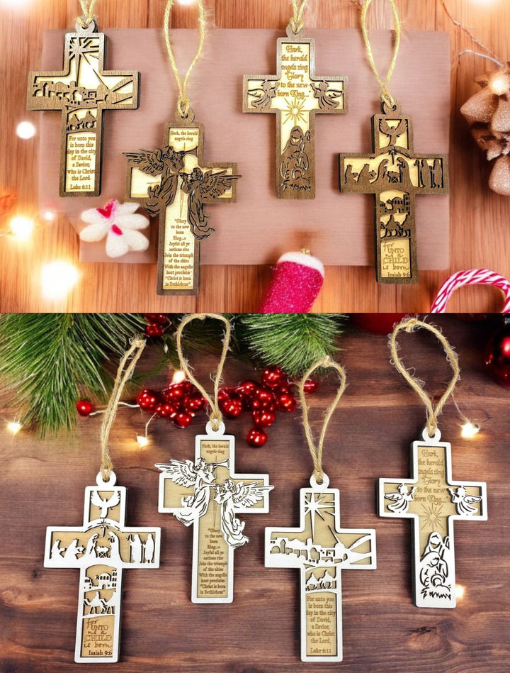 [PRE-ORDER] A Savior Is Born Nativity Tree - Handmade Wood Cross Ornaments | Made in the USA (Set of 4) [SHIPS IN 1-2 WEEKS]