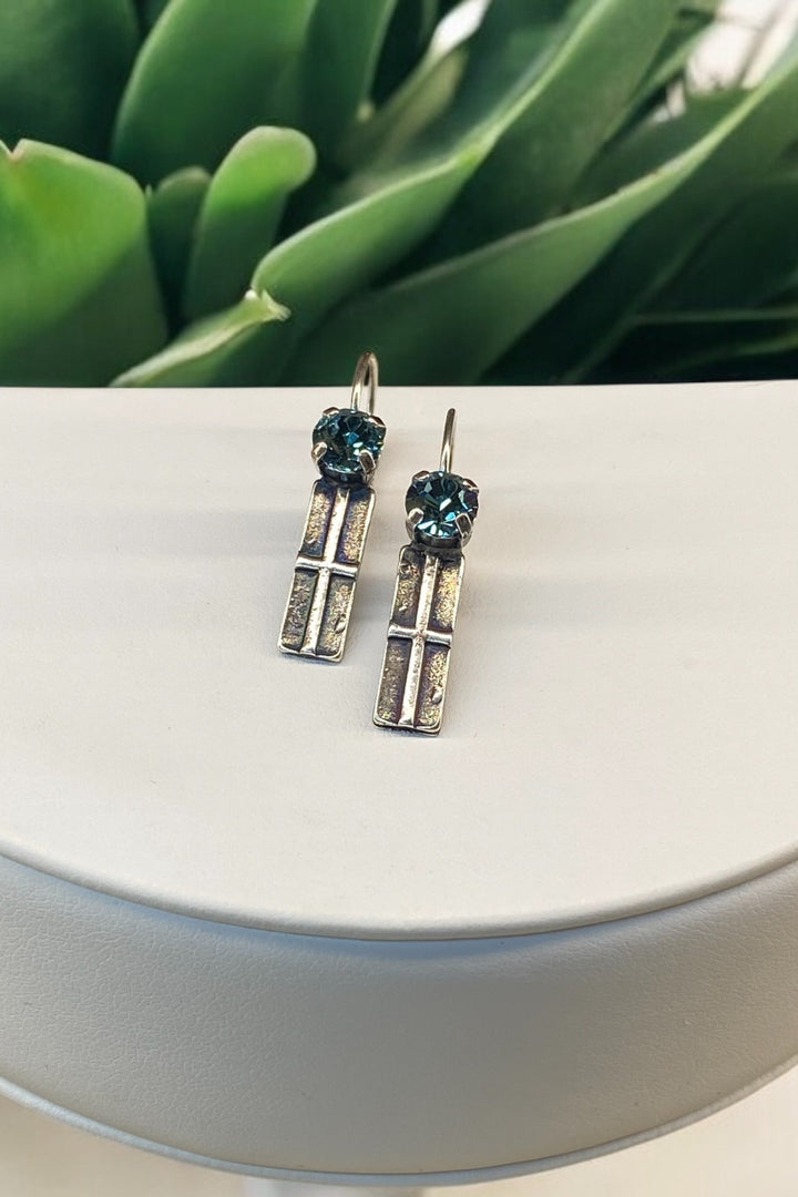 [PRE-ORDER] Smoked Sapphire Crystal With Cross - Lever-Back Dangle Earrings [SHIPS in 1-2 WEEKS]