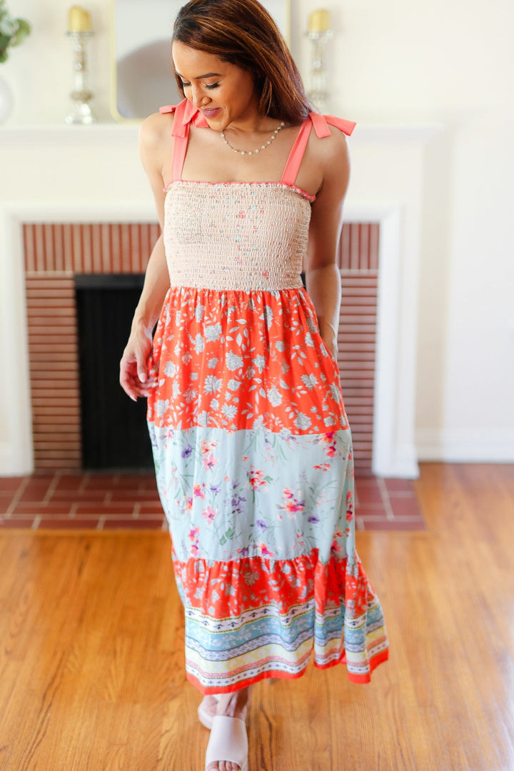 Stepping Out Floral Smocked Tiered Maxi Dress - Taupe