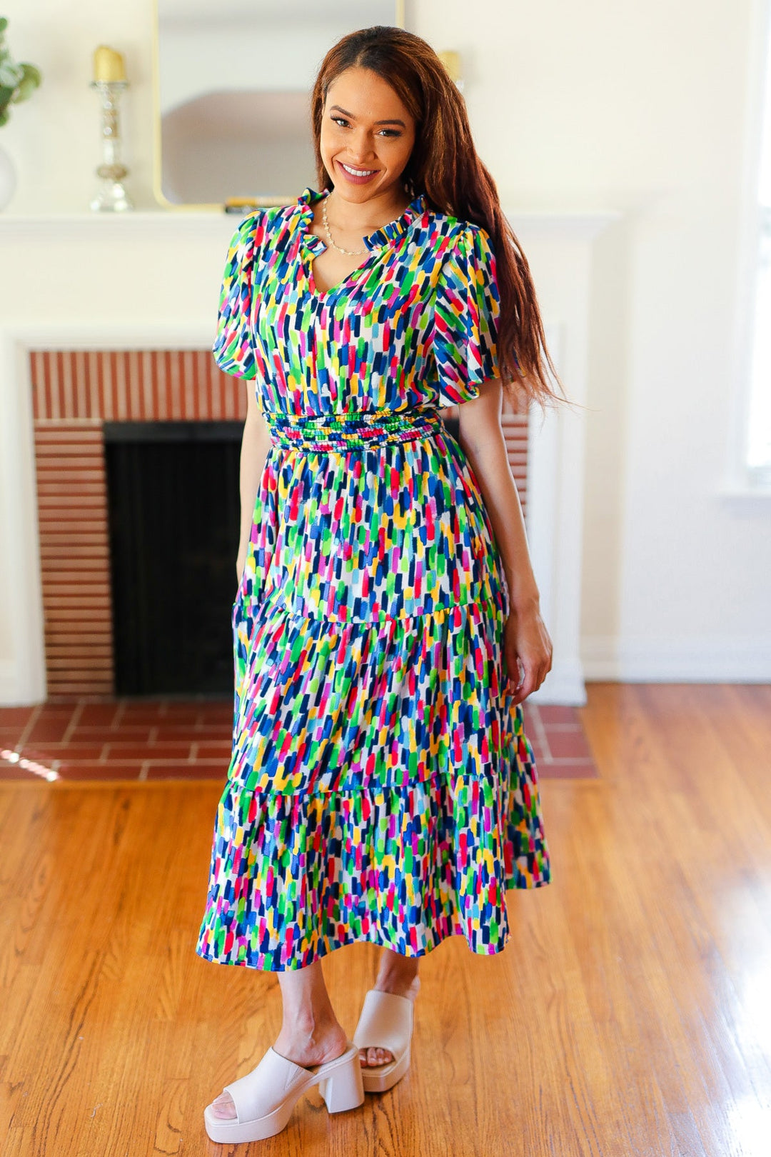 Eyes On You - Abstract Print Smocked-Waist Maxi Dress